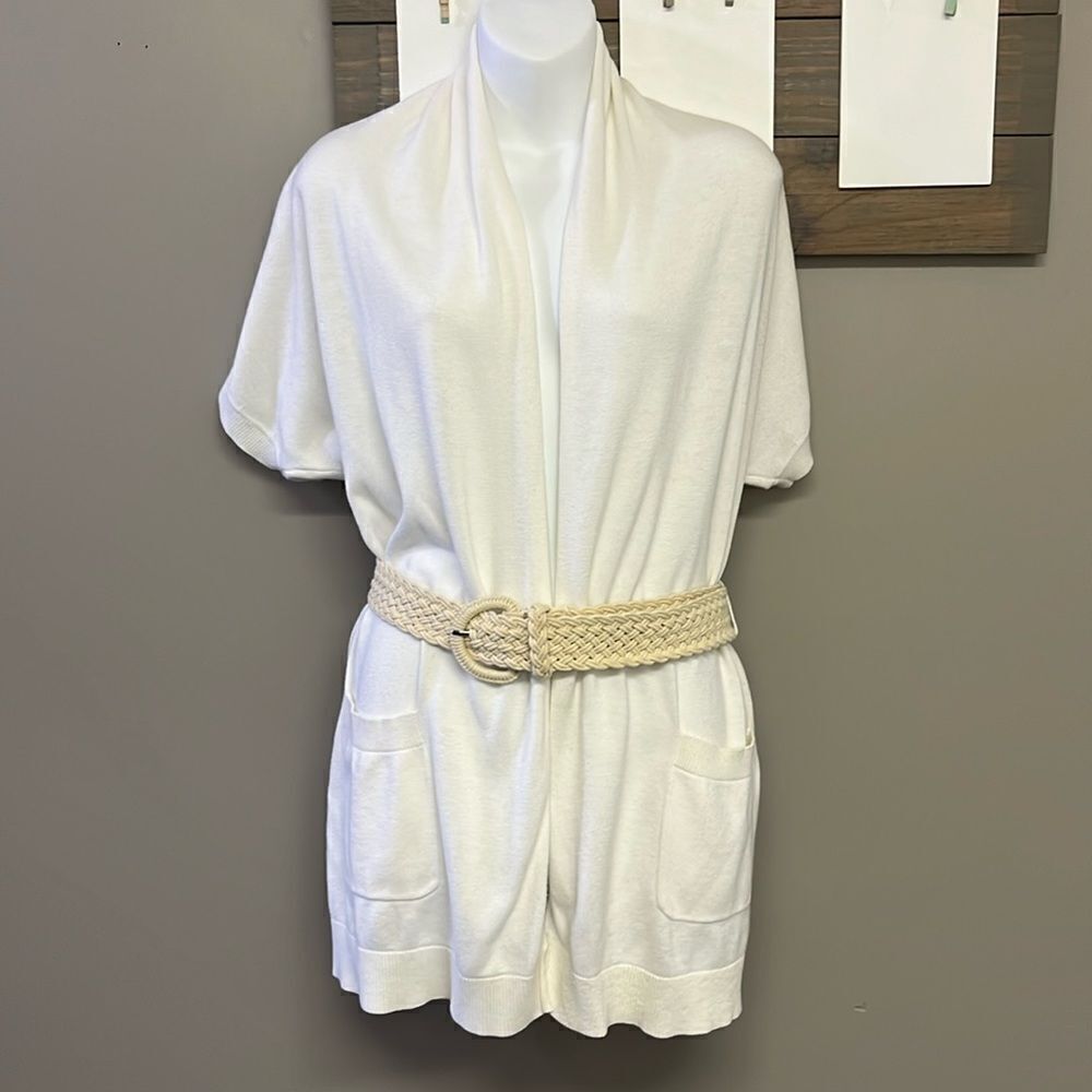 Michael Kors Cream Short Sleeve Cardigan Sweater Tunic with Beige Belt- Small